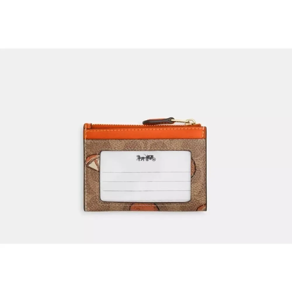 NWT Coach CAR21 Mini Skinny Id Case In Signature Canvas With Orange Print In Tan